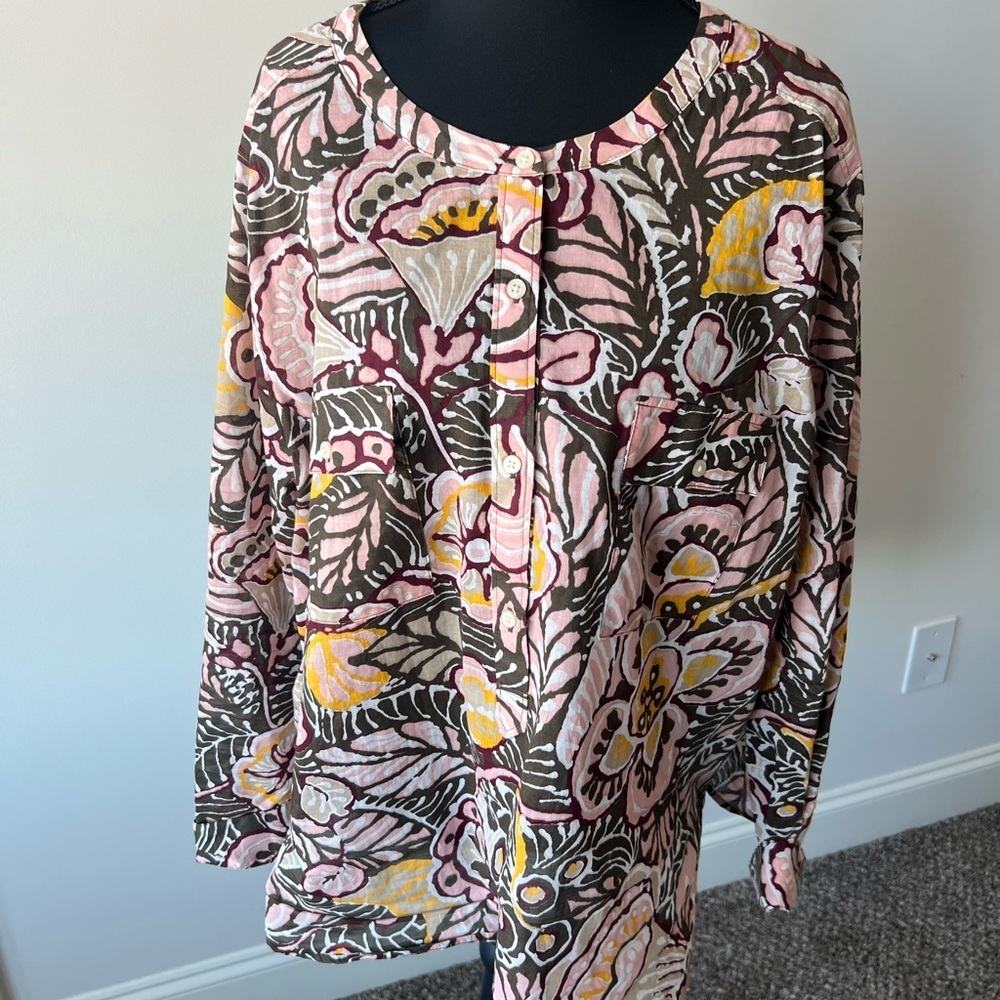 Ann Taylor Loft Women’s Tropical Floral Flowy Popover Button Top Blouse Size XL